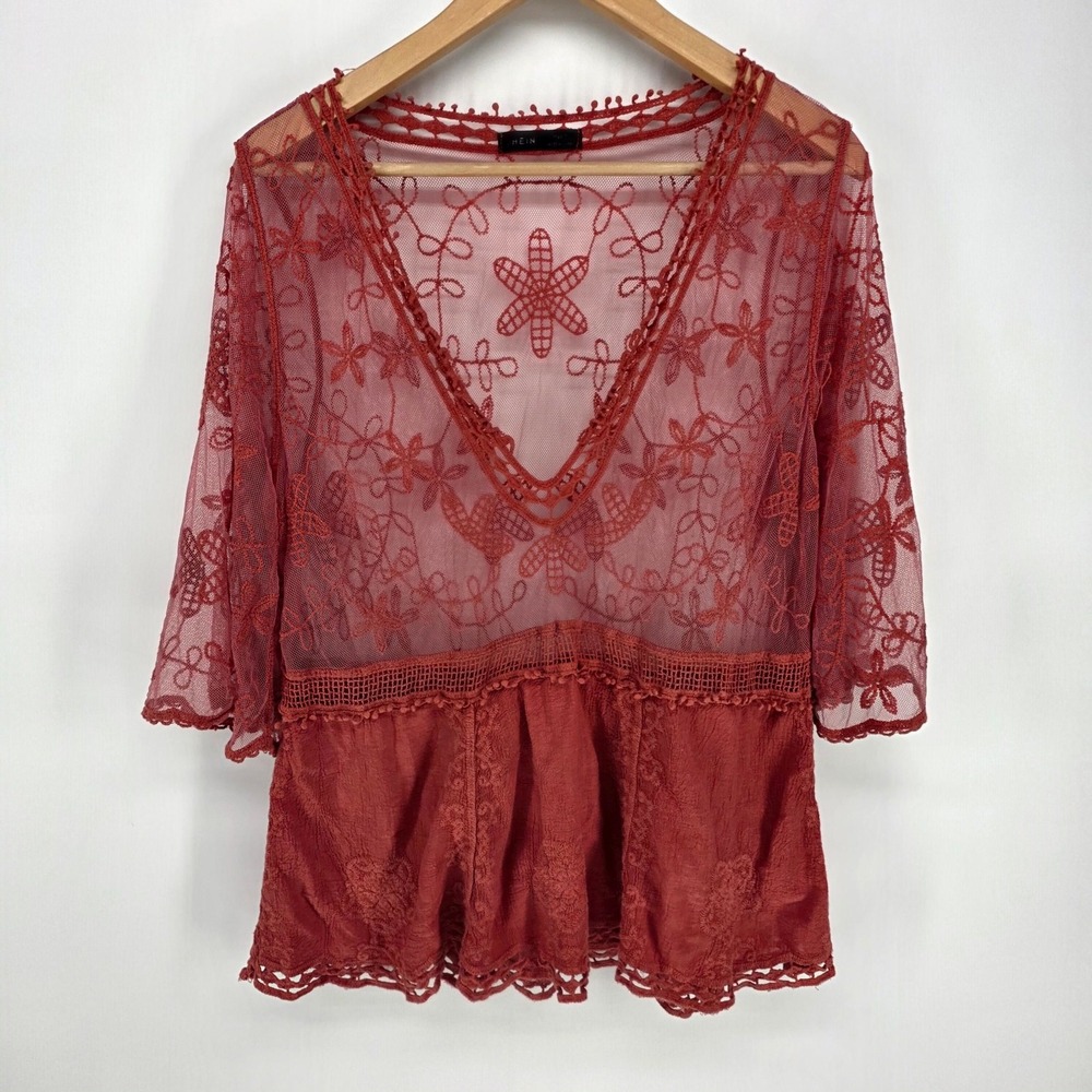 Hein Peplum Top Womens L Rust Red Sheer Mesh Embroidered Floral Boho Blouse